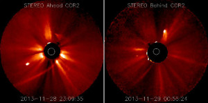 ISON comet post perihelion. CREDIT: NASA's STEREO  Ahead and STEREO BEHIND images